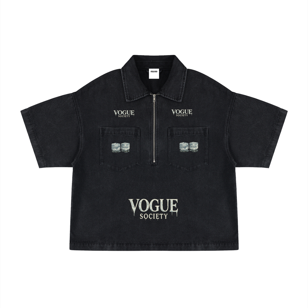 Unisex Vintage Wash Boxy Quarter-Zip Denim Shirt