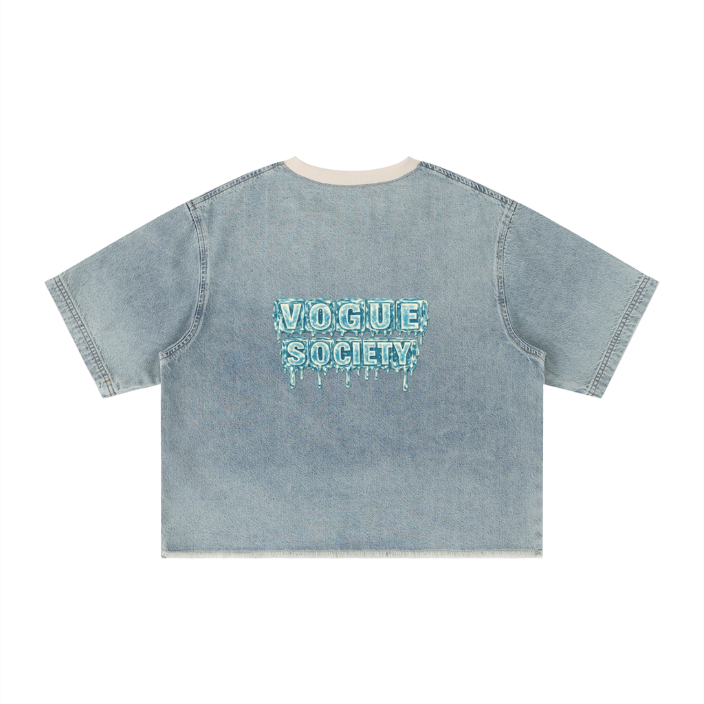 Unisex Vintage Wash Boxy Raw Hem Denim T-Shirt