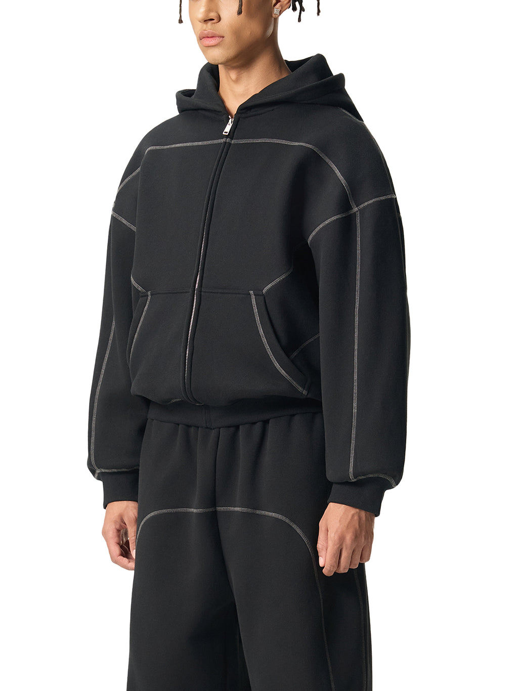 Contrast-Stitched Boxy Fleece Zip Hoodie